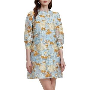 Chic Long Sleeve Floral Jacquard Dress in Blue and Gold NWT SZ L